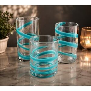 Art Glass Teal Swirl Tumblers Set of 3 Tapered Sizes Hand Blown Pier 1?